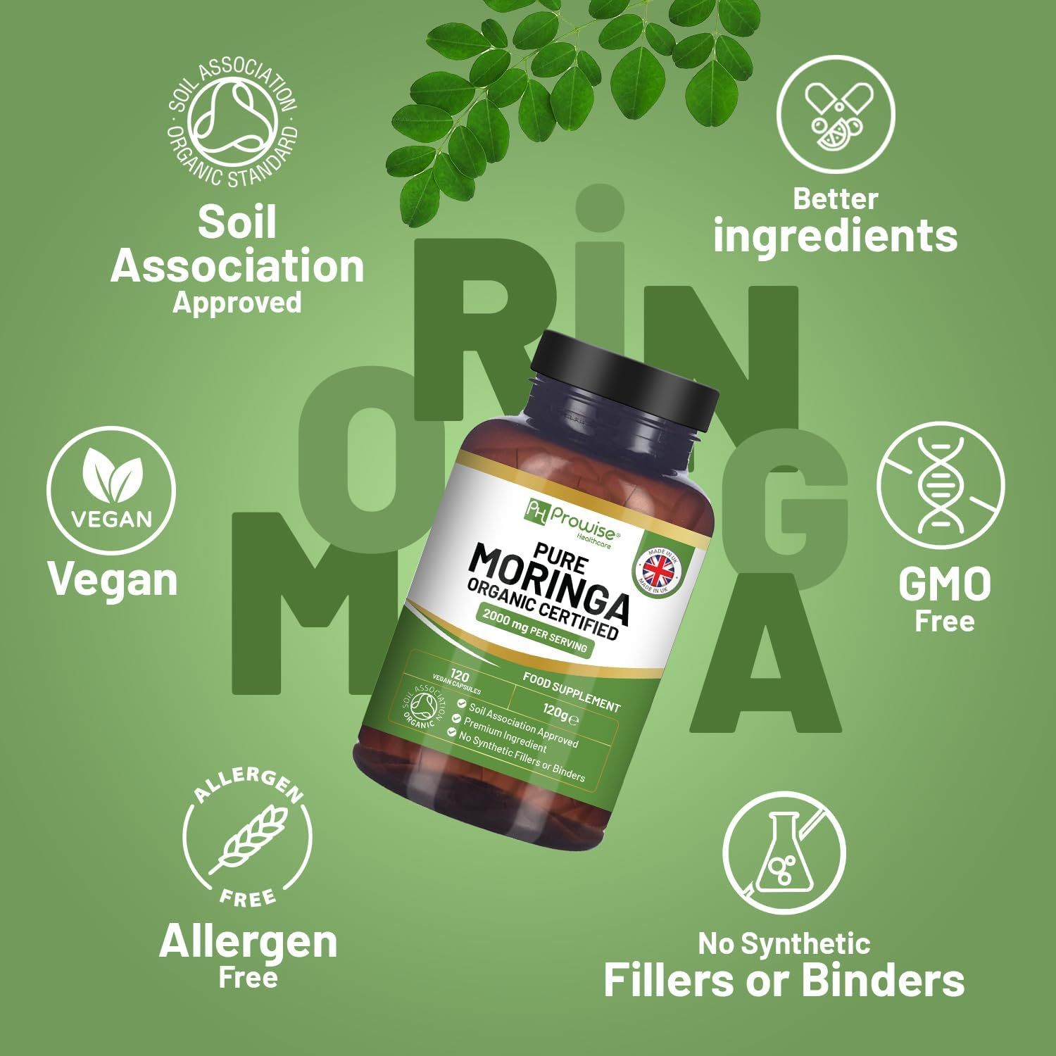 Braune Flasche mit Prowise Moringa Kapseln. Aufschrift: Pure Moringa Organic Certified. Vegan, Allergenfrei, GMO Free, Soil Association Approved.