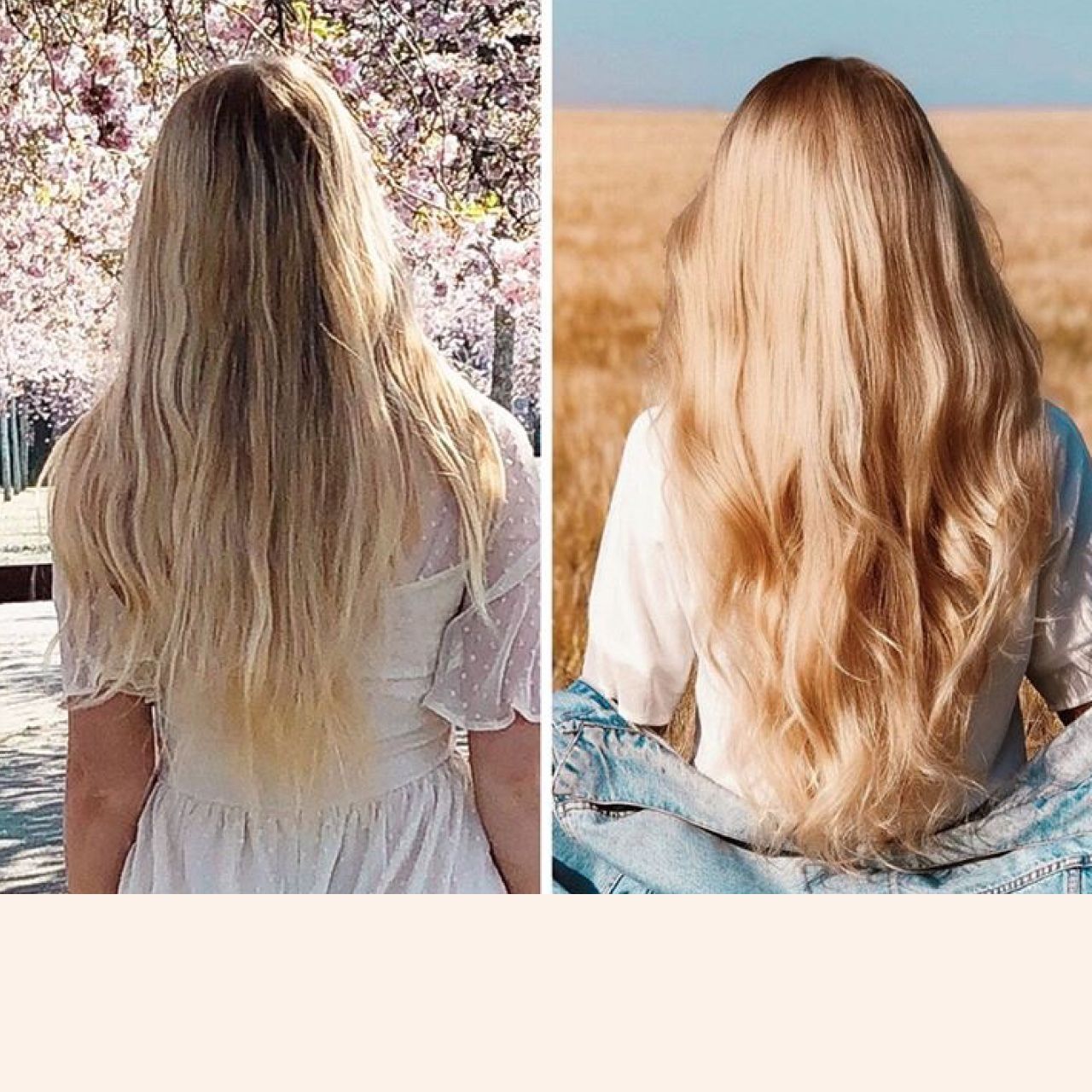 Due immagini mostrano donne con lunghi capelli biondi. L'immagine a sinistra mostra una donna davanti a un albero in fiore, l'immagine a destra mostra una donna in un campo. Entrambe le immagini mostrano i capelli per tutta la loro lunghezza.