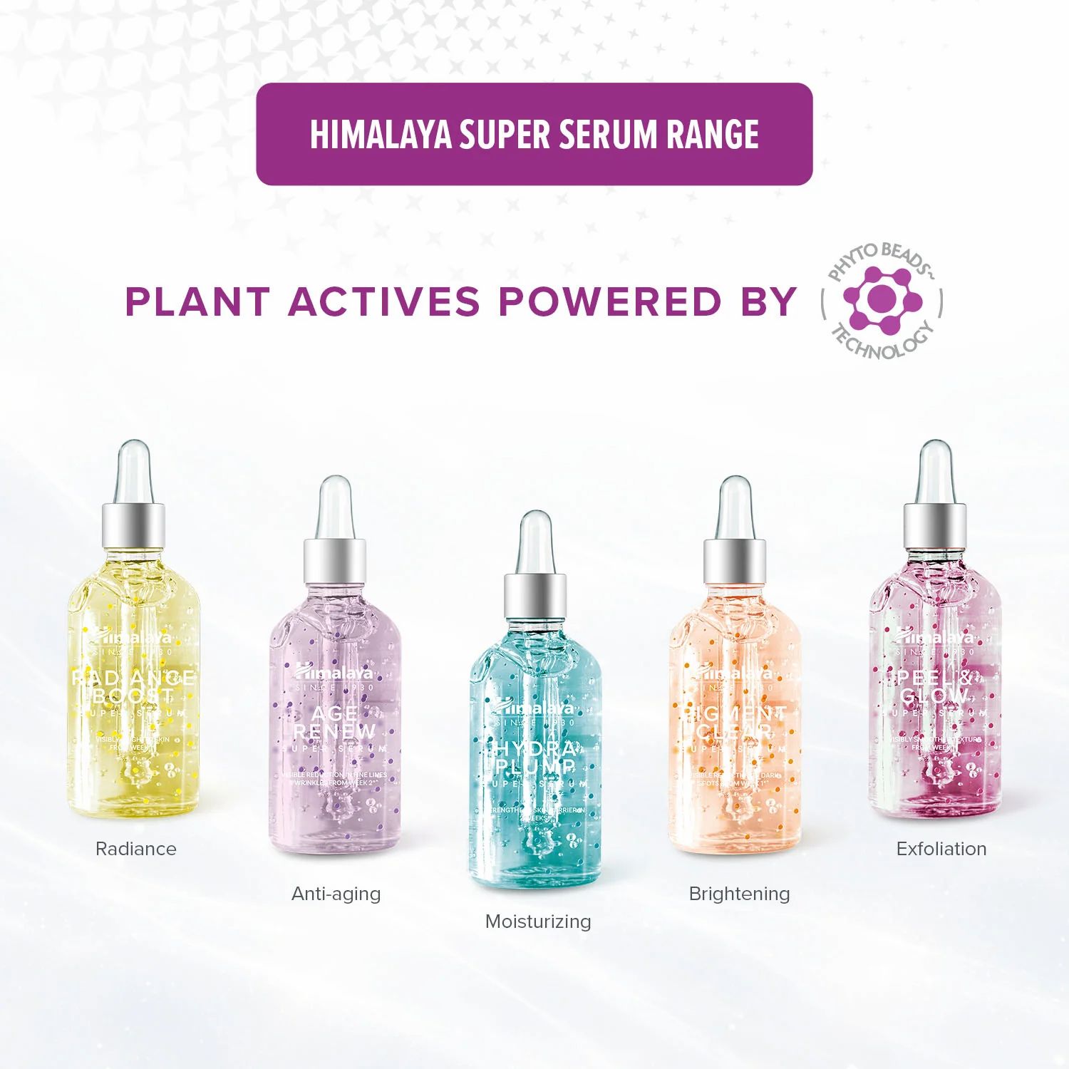 Fünf Serumflaschen in verschiedenen Farben. Text: Himalaya Super Serum Range, verschiedene Produktnamen.