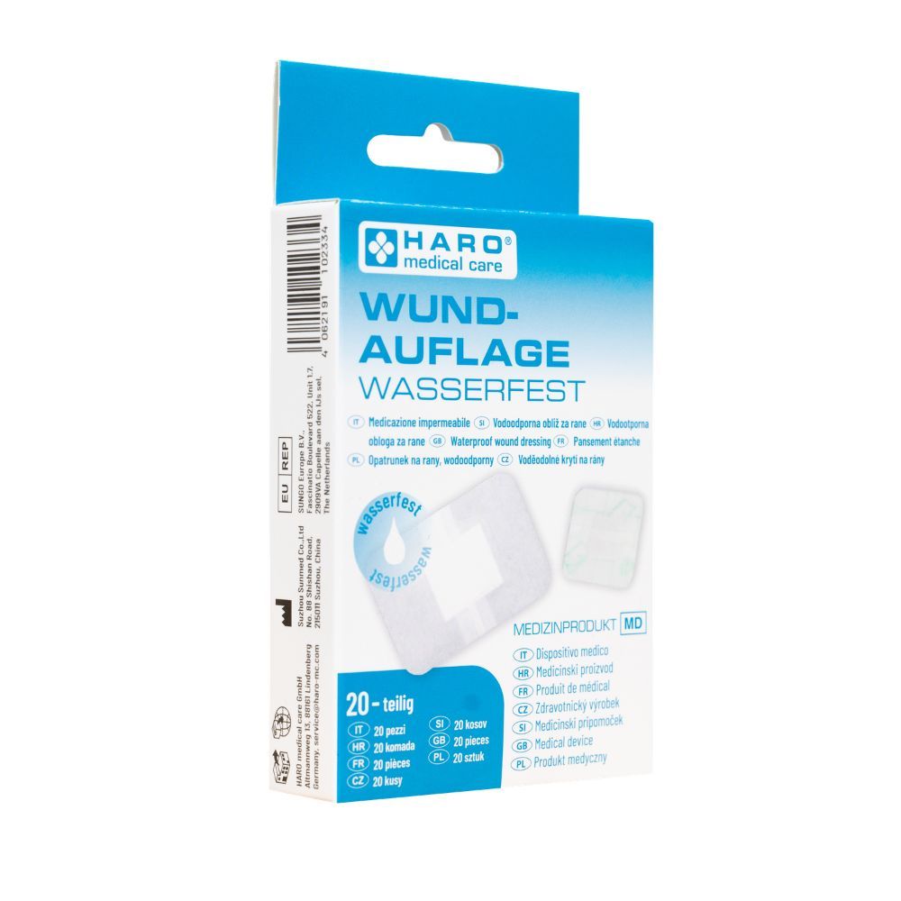 Verpackung von Haro Wundauflage wasserfest. 20 Stück. Medizinprodukt. Quadratische Pflaster auf der Verpackung abgebildet.