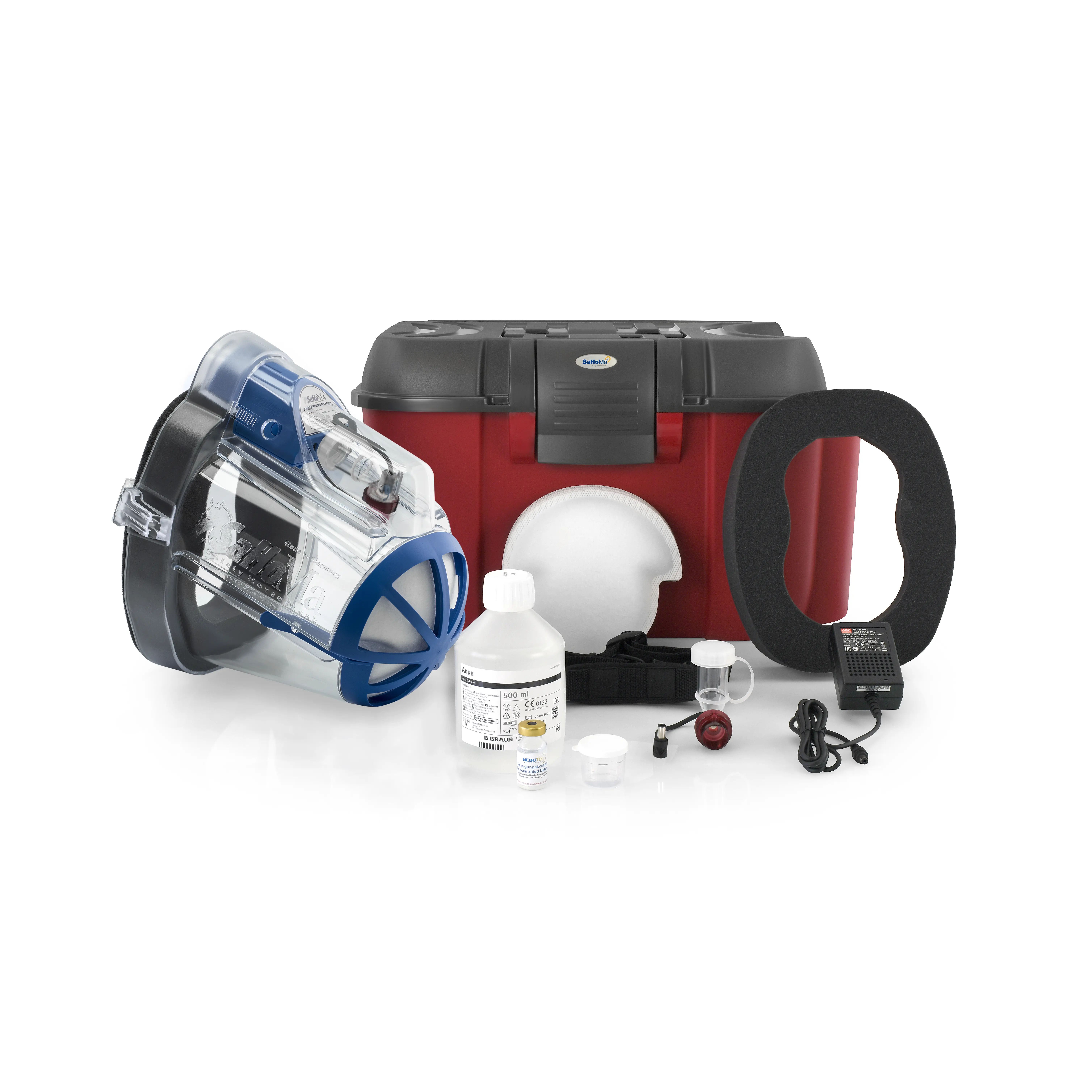 Inhalationsset mit Zubehör. Roter Koffer, Schaumstoffring, Flaschen, Messbecher, Gerät mit Display.