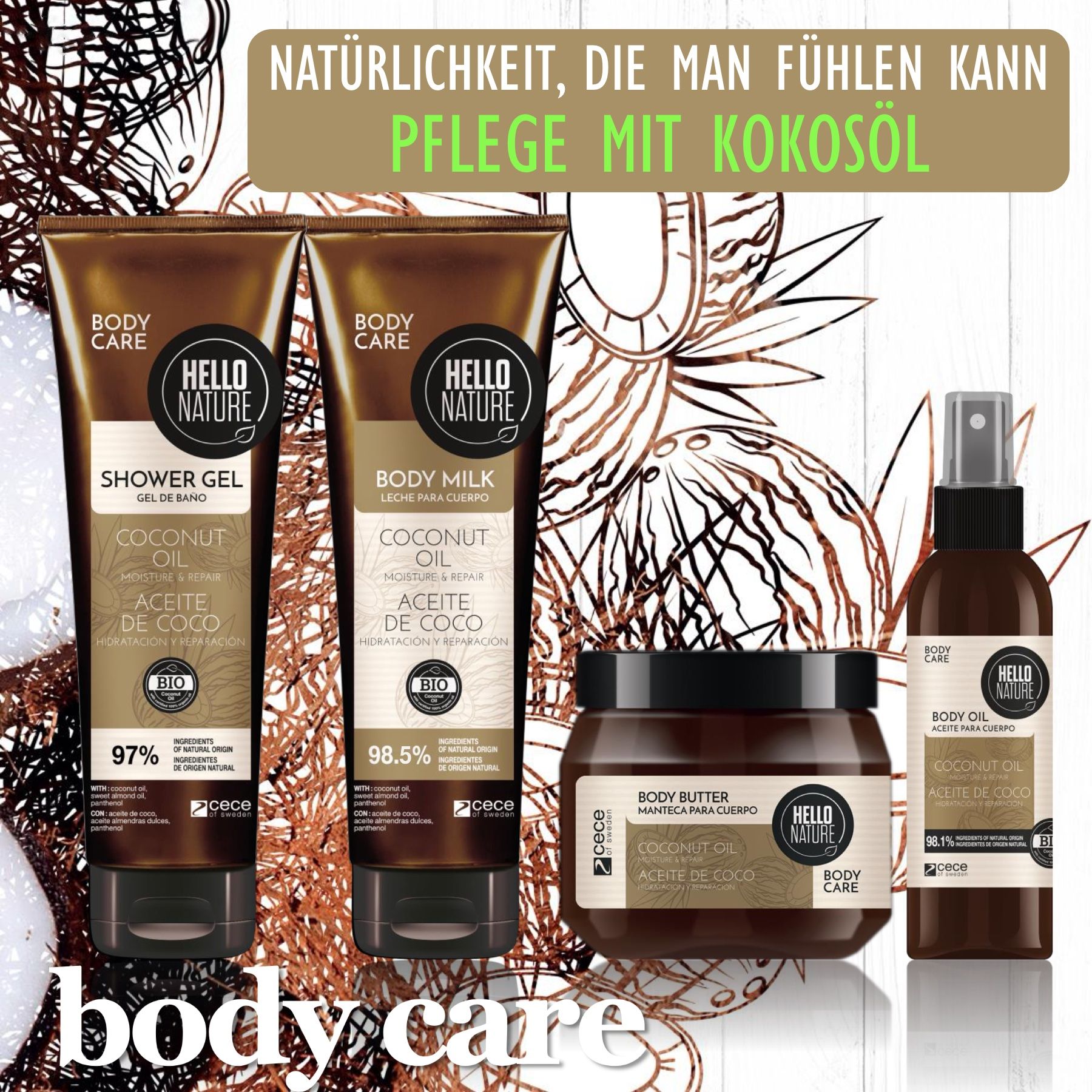 Verschiedene Körperpflegeprodukte: Duschgel, Body Milk, Body Butter und Body Oil. Alle mit Kokosöl. Verpackung in Braun- und Beigetönen.