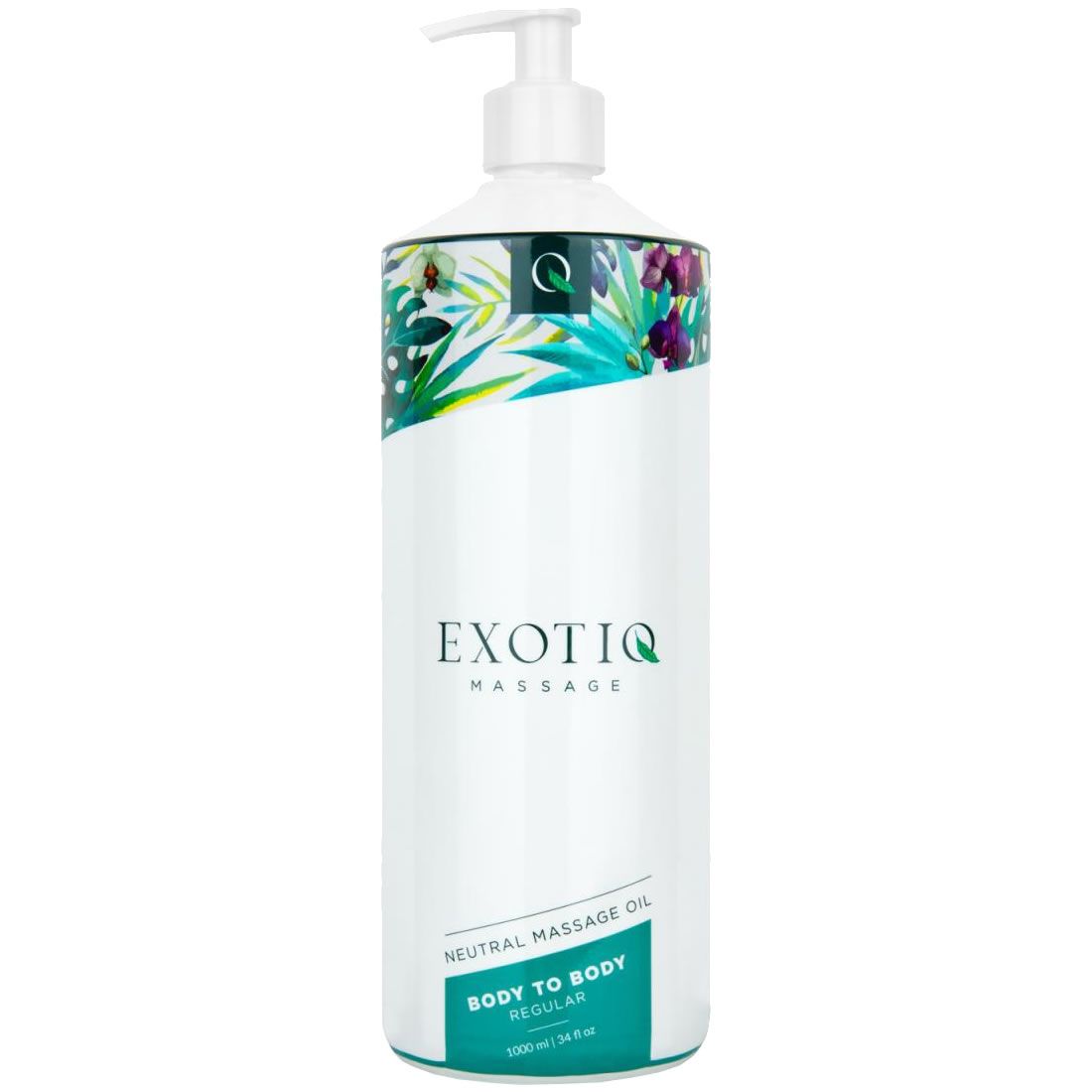 Weißer Flakon mit Pumpe. Aufschrift EXOTIQ MASSAGE, darunter NEUTRAL MASSAGE OIL, BODY TO BODY REGULAR. Floralmuster am oberen Rand.