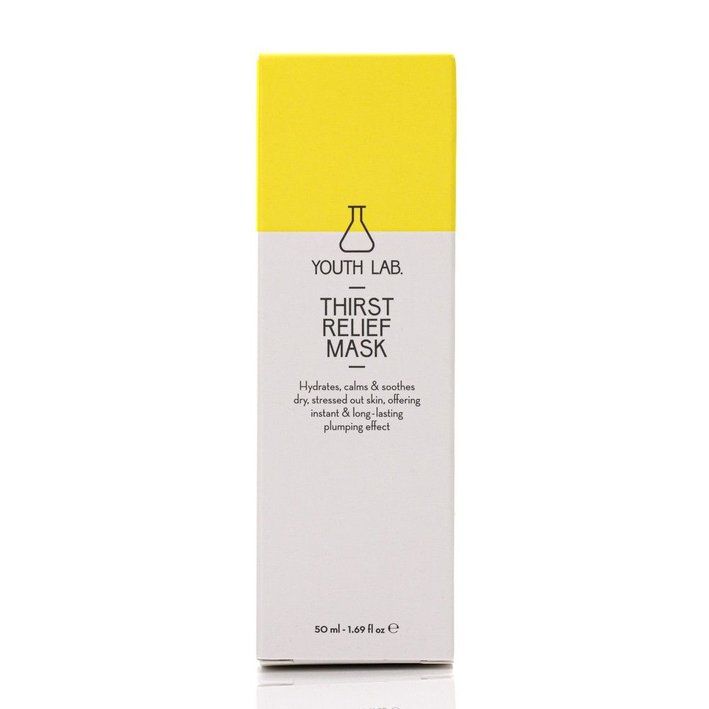 Weiße Verpackung mit gelbem Deckel. Aufschrift: YOUTH LAB Thirst Relief Mask. Enthält 50 ml.