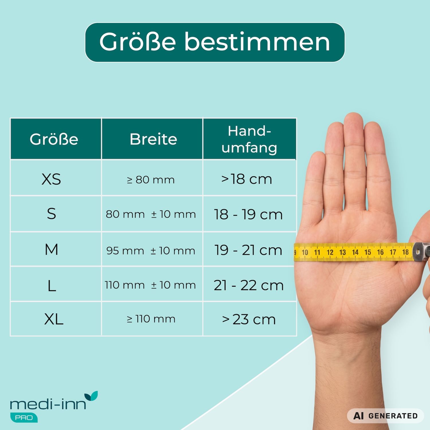 Tabelle zur Bestimmung der Größe von Nitril-Einmalhandschuhen mit Handmessung.