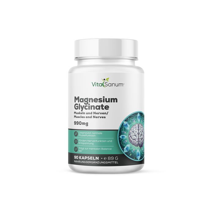 Weißes Kunststoff-Behälter mit Deckel. Aufschrift: VitaSanum Magnesium Glycinate, 990mg, 90 Kapseln. Abbildung eines Gehirns.