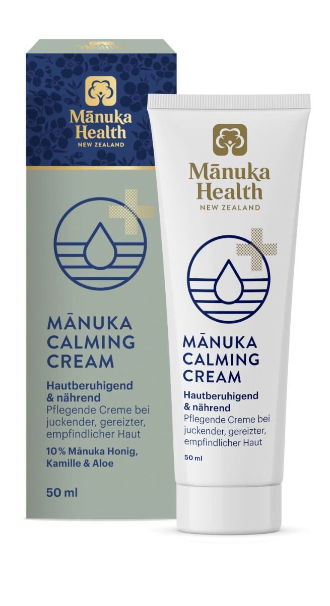Creme-Tube und Schachtel. Aufschrift: Mānuka Health, Calming Cream. Enthält 10% Manuka Honig. Für empfindliche Haut.