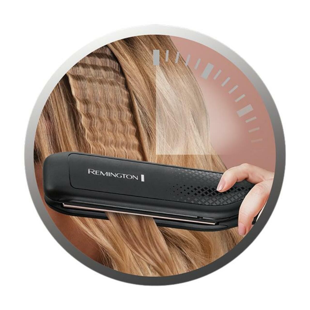 Haarcreppeise in Anwendung. Gecrepptes Haar. Remington-Logo.