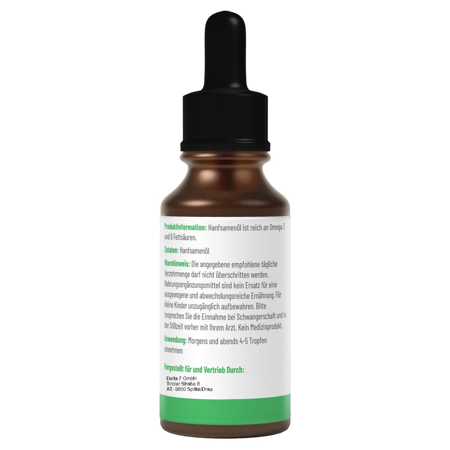 Braune Glasflasche mit schwarzem Tropfer. Weißes Etikett mit Text. Enthält Informationen zu Inhaltsstoffen und Anwendung.