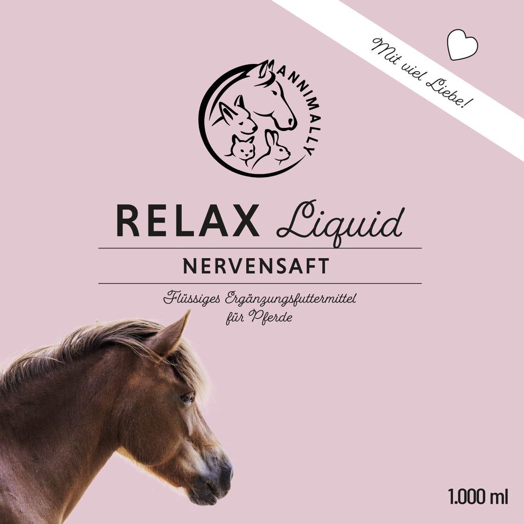 Rosa Hintergrund mit "RELAX Liquid Nervensaft"-Logo und Text. Pferde-Illustration. 1.000 ml.