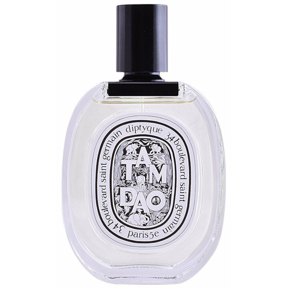 Runde Parfümflasche mit schwarzem Verschluss. Aufschrift: Tam Dao, Diptyque, 34 boulevard saint germain, Paris 5e.