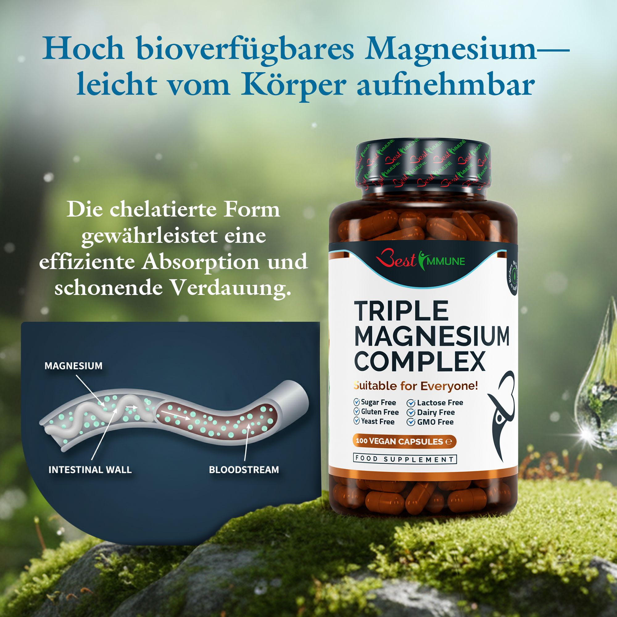 Flasche Triple Magnesium Complex neben einer Grafik der Magnesiumaufnahme im Darm. Hohe Bioverfügbarkeit.