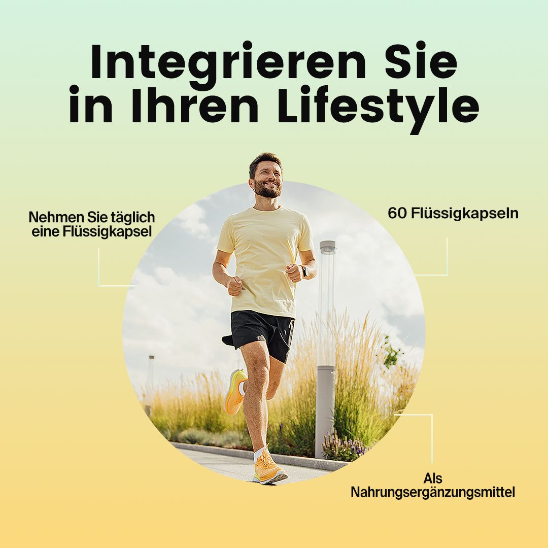 Mann läuft. Text: Integrieren Sie in Ihren Lifestyle. 60 Flüssigkapseln. Als Nahrungsergänzungsmittel.