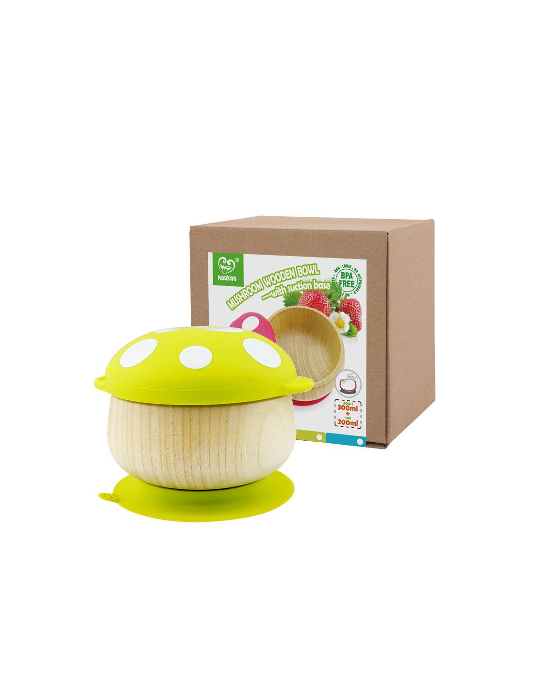 Holzschale mit grünem Deckel und Saugnapf. Verpackung mit Produktabbildung und Text.