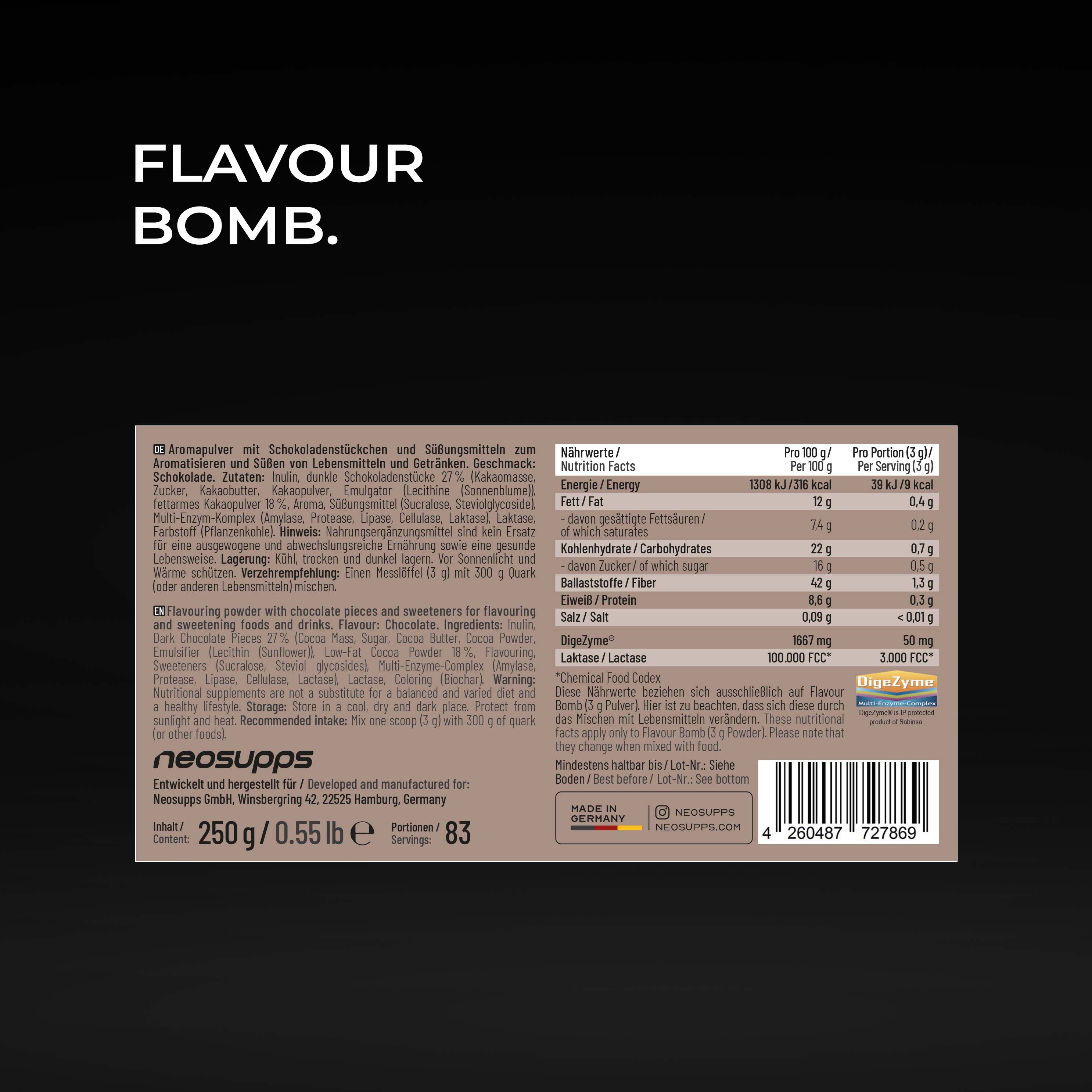Neosupps Flavour Bomb: Nährwertangaben und Zutatenliste auf der Verpackung.