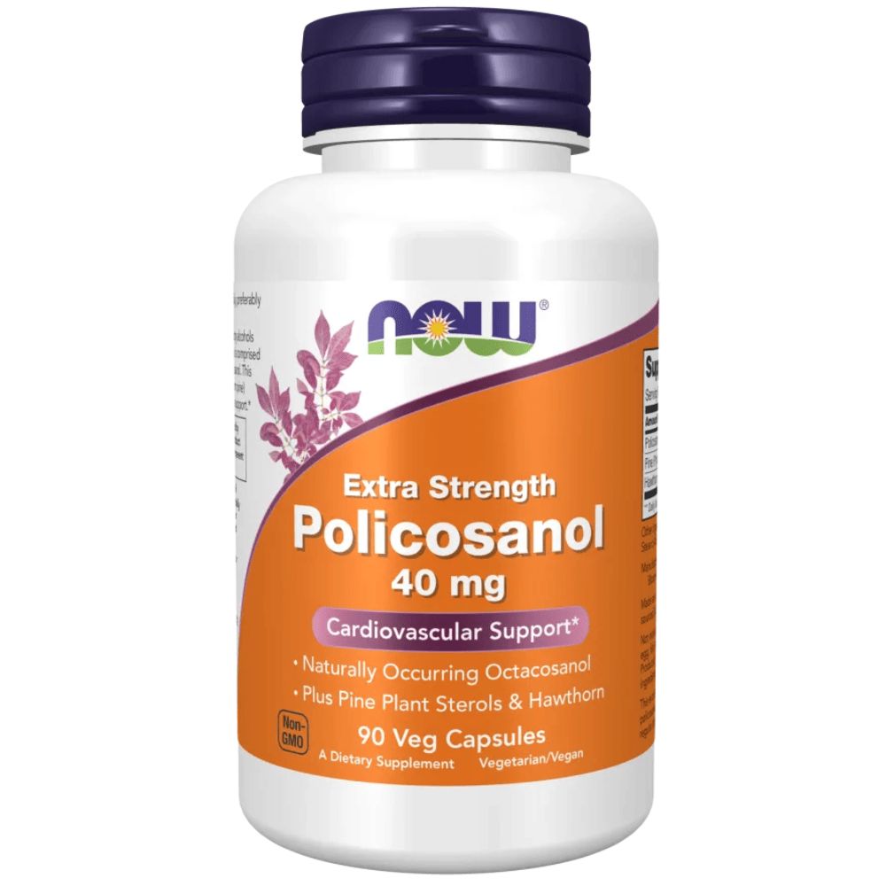 Weiße Flasche mit lila Deckel. Aufkleber mit orangefarbenem Hintergrund und Text: Policosanol 40 mg, NOW-Logo. 90 Veg-Kapseln.
