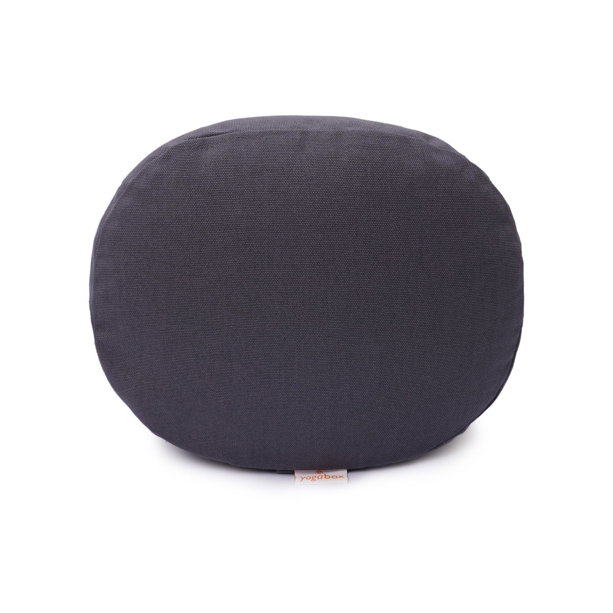 Rückseite eines grauen, ovalen Meditationskissens mit Yogabox-Label.