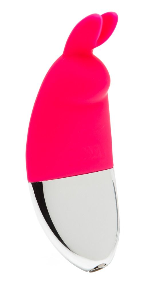 Pinkfarbener Vibrator mit silberfarbenem Unterteil. Hasenohren-Design. Glatte Oberfläche. Ergonomische Form.