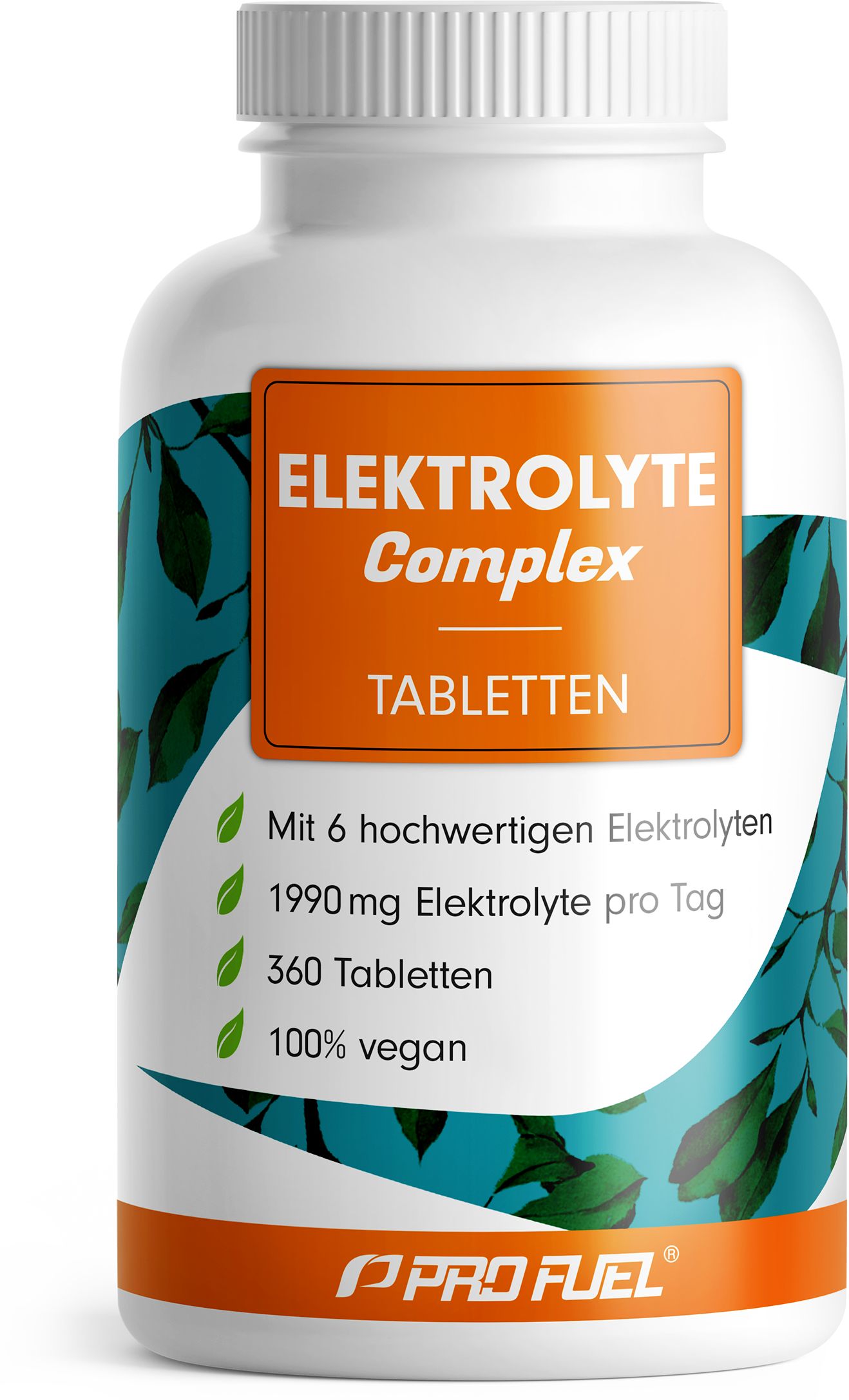 Weiße Flasche mit orangefarbenem Etikett. Text: Elektrolyte Complex, Tabletten, 1990mg Elektrolyte, 360 Tabletten, 100% vegan. Pro Fuel Logo.