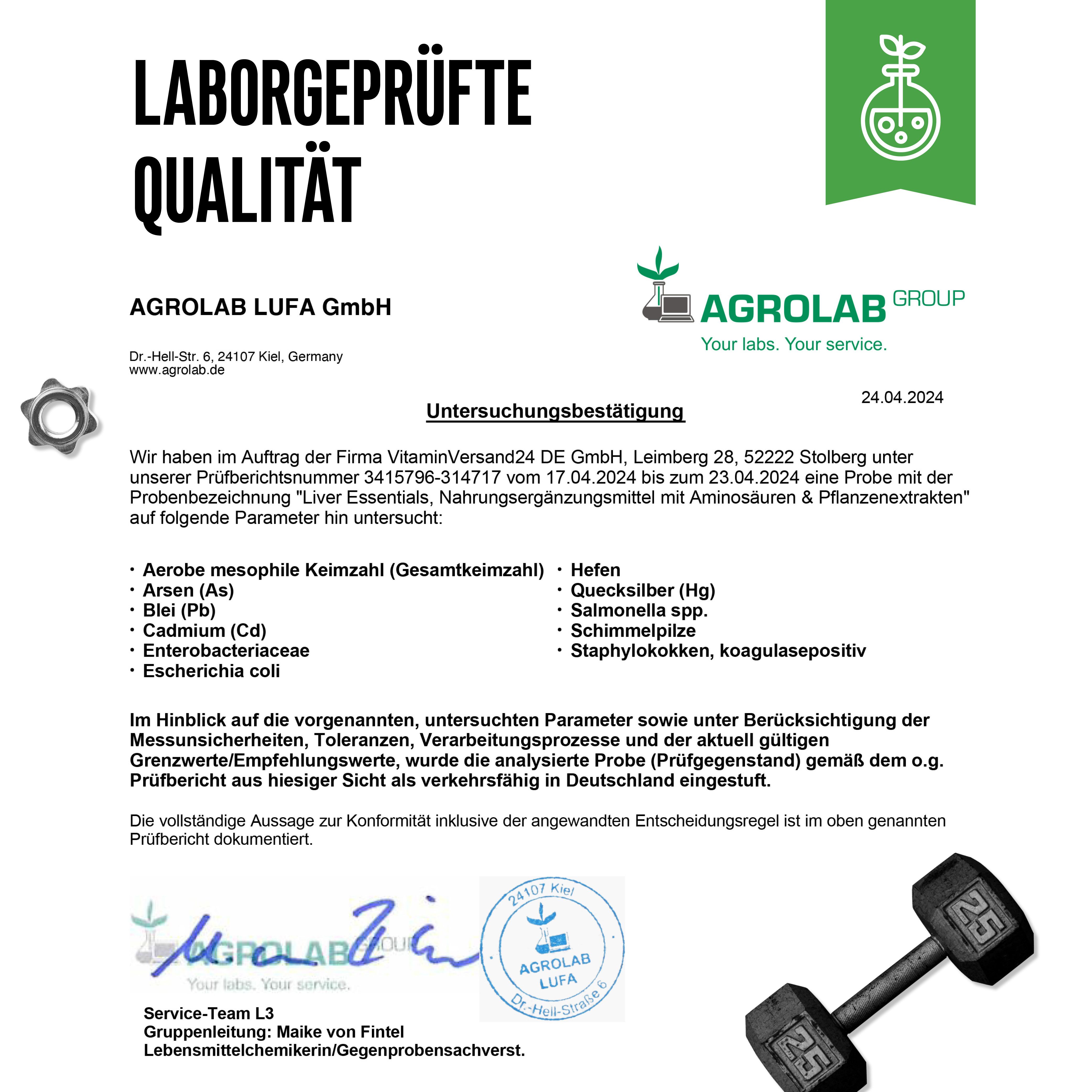 Laborgeprüfte Qualität. Zertifikat von Agrolab LUFA GmbH. Analyse von Liver Essentials, u.a. auf Arsen, Blei, Cadmium, Enterobacteriaceae, etc.