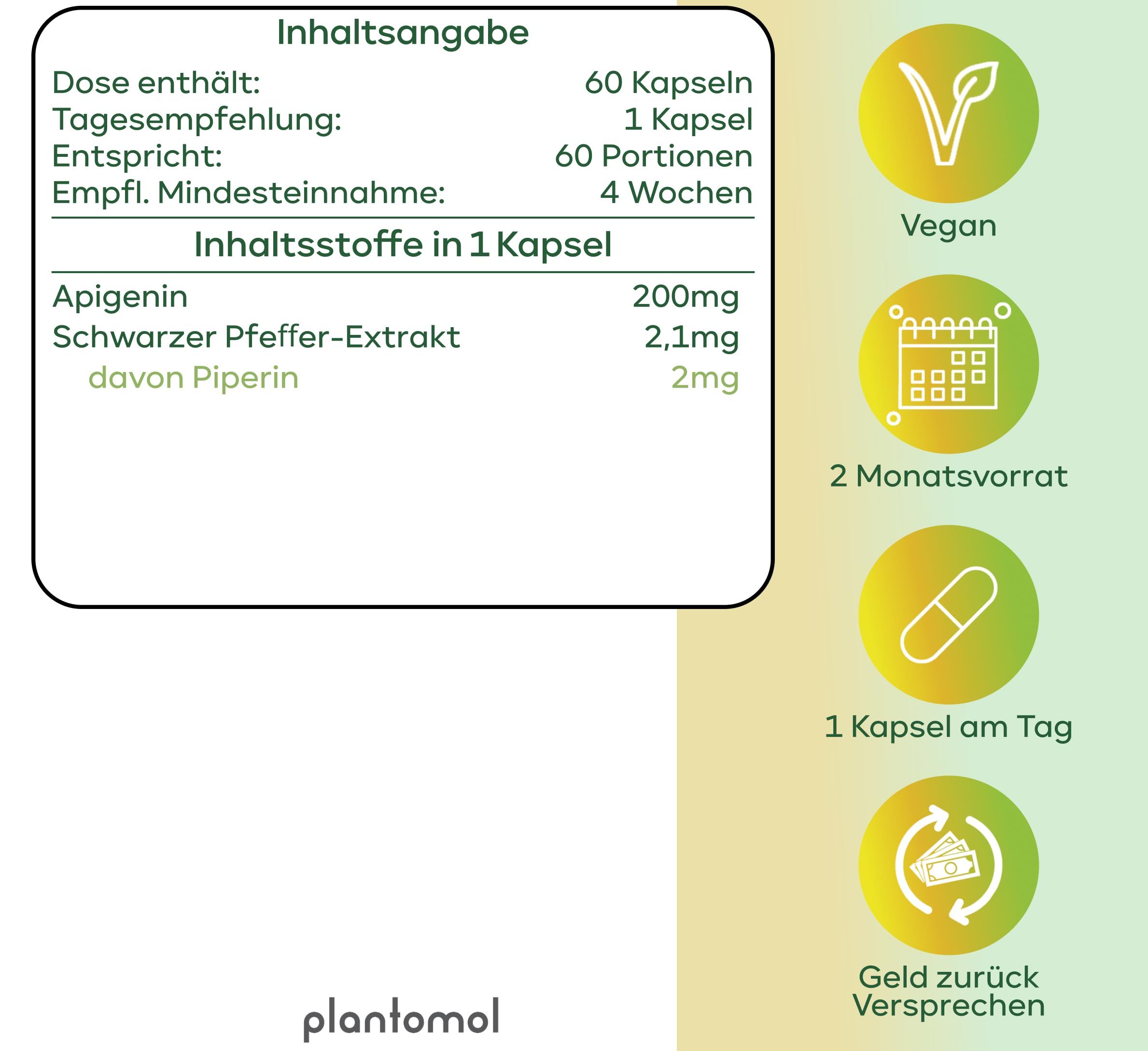 plantomol® Apigenin Kapseln 200mg aus Kamille-Extrakt mit Piperin