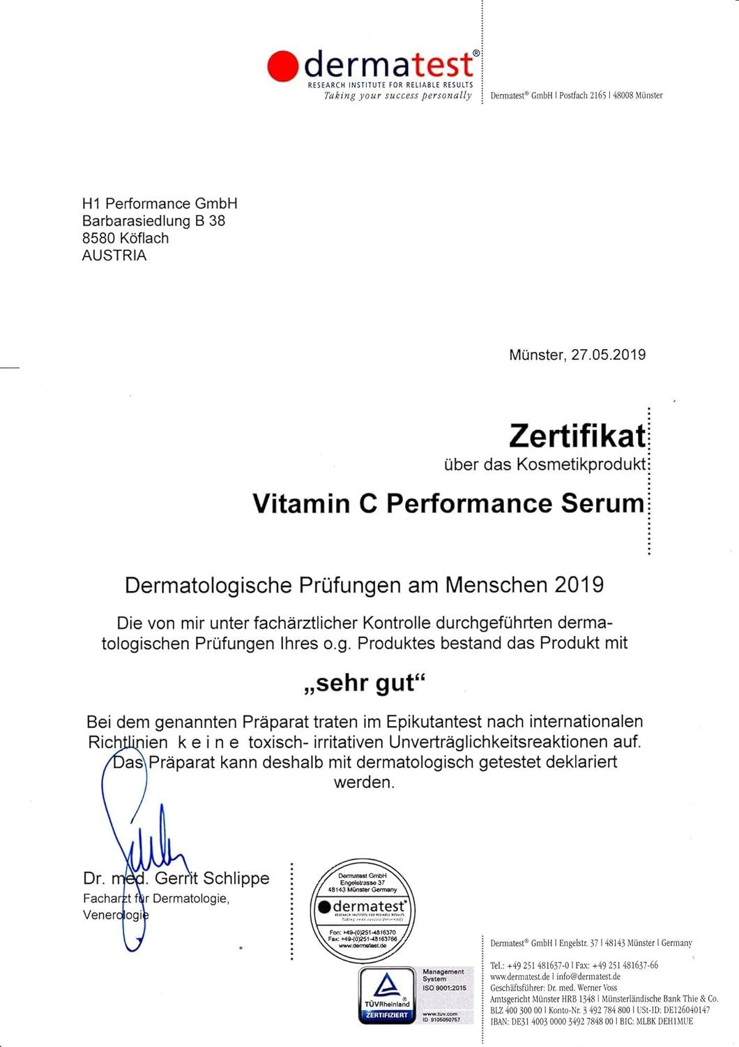 Dermatest-Zertifikat für Cosphera Vitamin C Performance Serum, "sehr gut".