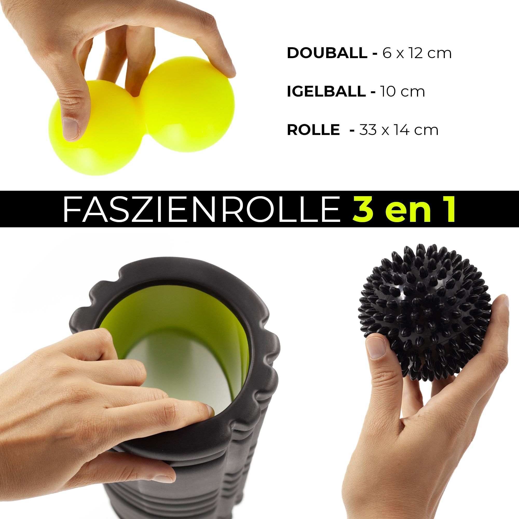 Set mit Faszienrolle (33x14cm), Duoball (6x12cm) und Igelball (10cm).