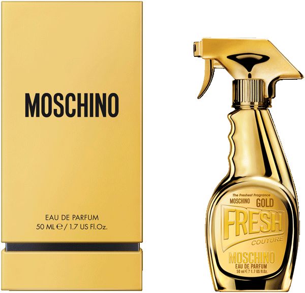 Goldfarbene Sprühflasche und Verpackung mit Aufschrift MOSCHINO FRESH COUTURE GOLD. Aufschrift: Eau de Parfum.