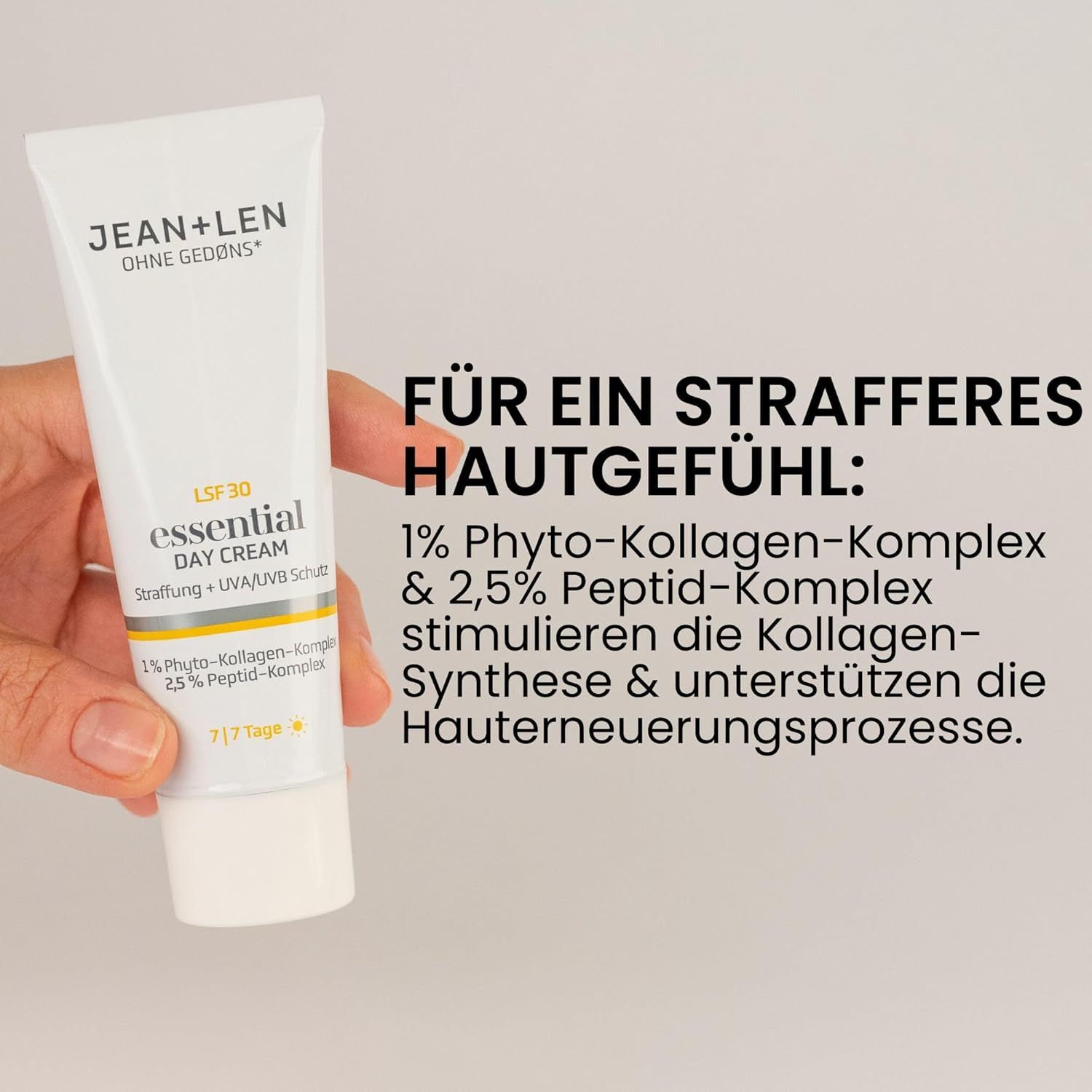 Hand hält Tube "Jean & Len essential DAY CREAM". Text über Inhaltsstoffe und deren Wirkung auf die Haut.