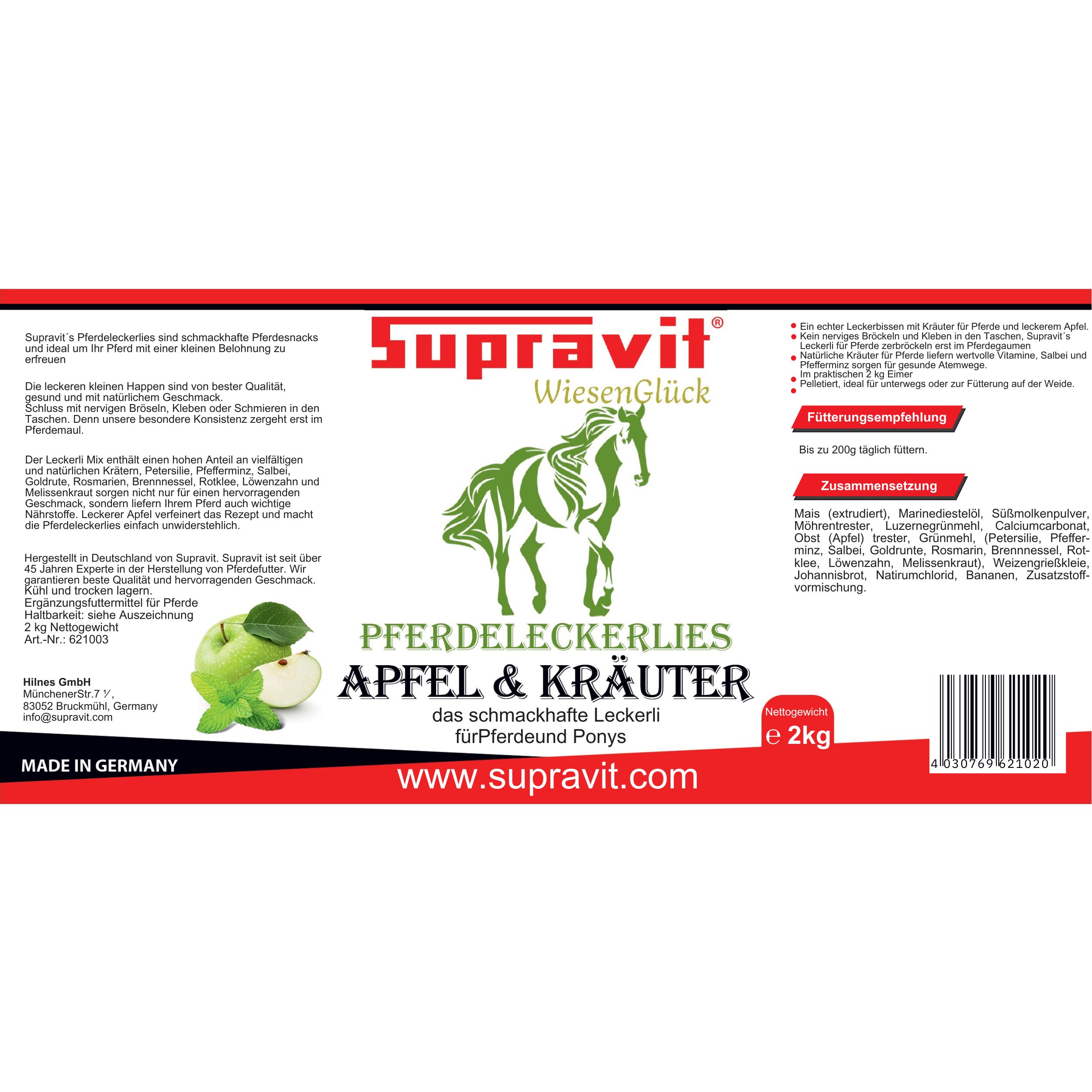 Produktetikett. Text: Supravit, Apfel & Kräuter. 2kg. Leckerlis für Pferde. Inhaltsstoffe.