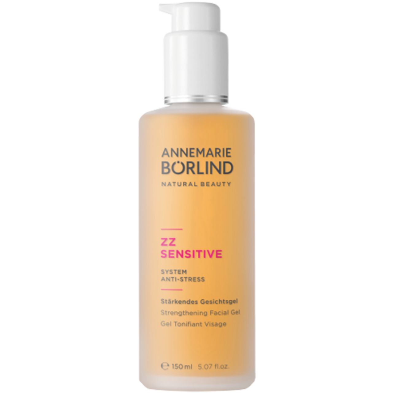 ANNEMARIE BÖRLIND ZZ Sensitive Gesichtsgel. Flasche mit Pumpe. Gel-Textur, gelb. Produkt- und Markenname sichtbar.