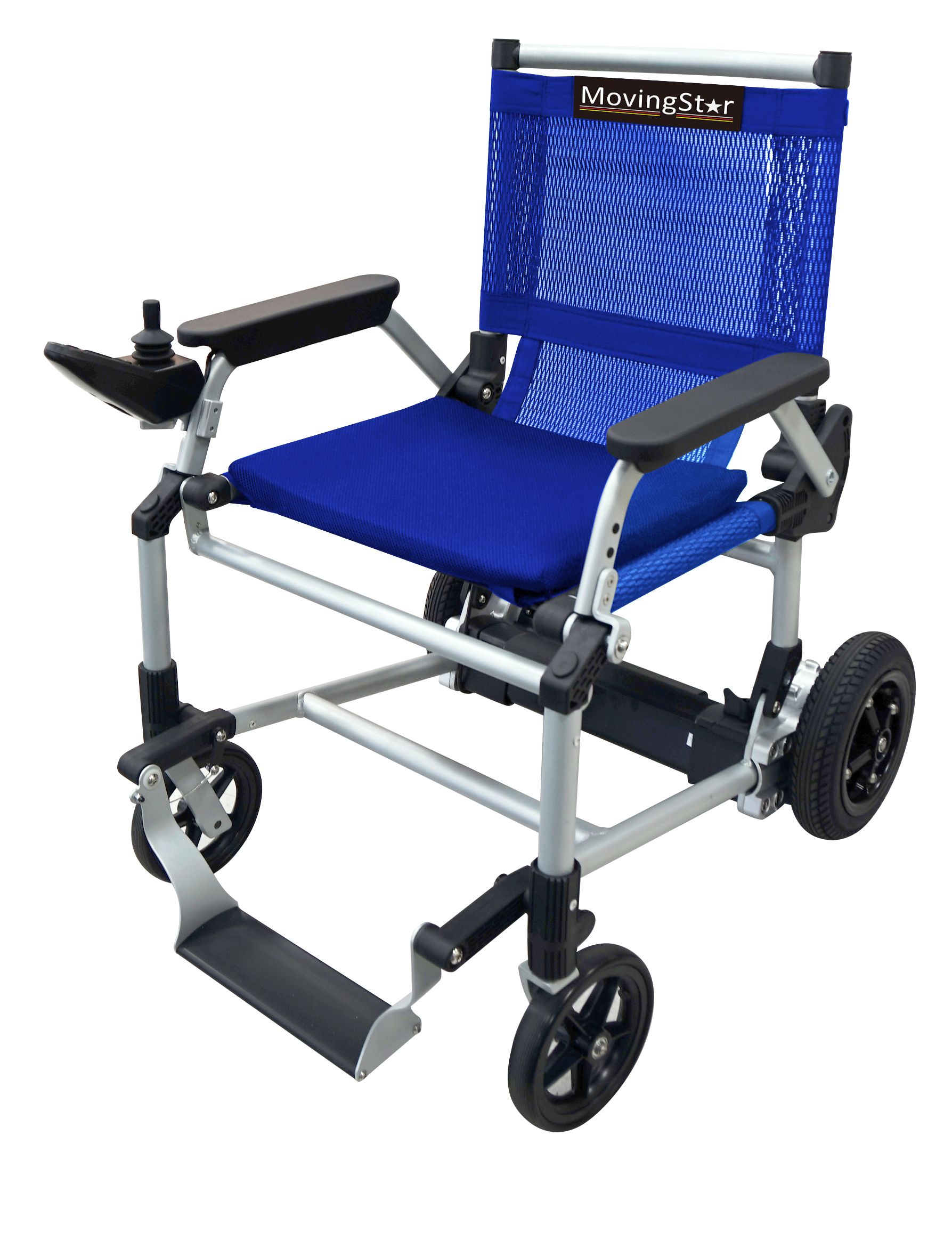 Blauer MovingStar 101 Rollstuhl, rechts. Sitz, Rückenlehne und Armlehnen. Vier Räder, Fußstütze und Steuerung.