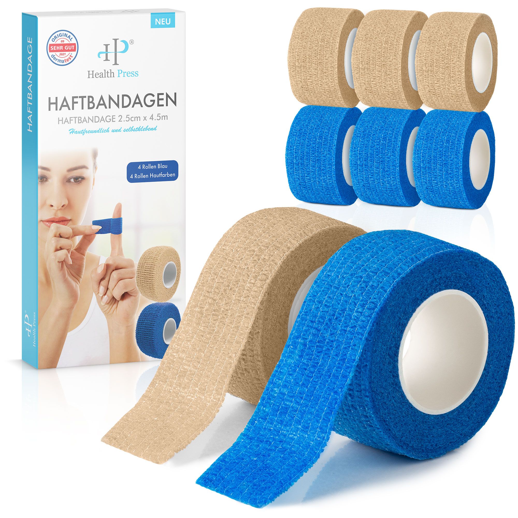 Haftbandagen in Beige und Blau. Verpackung mit Produktname und Logo. Auf der Verpackung ist eine Frau mit einem Fingerpflaster abgebildet.