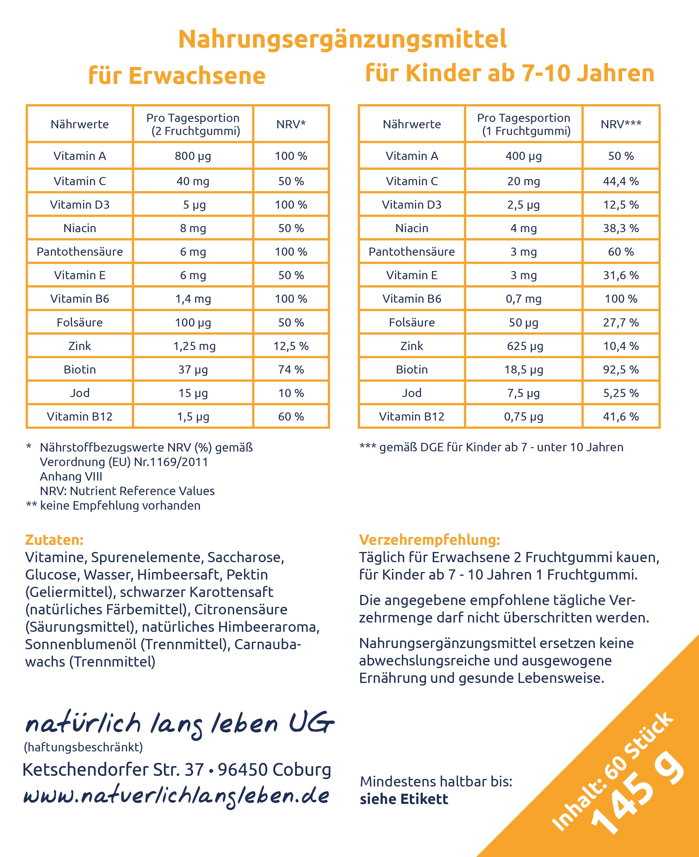 natürlich lang leben Multivitamin Fruchtgummi für Kinder und Erwachsene 145 g