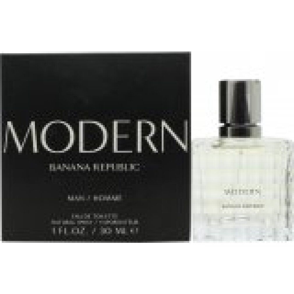 Schwarzer Karton und quadratische Glasflasche. Aufschrift: MODERN, BANANA REPUBLIC, MAN/HOMME, Eau de Toilette.