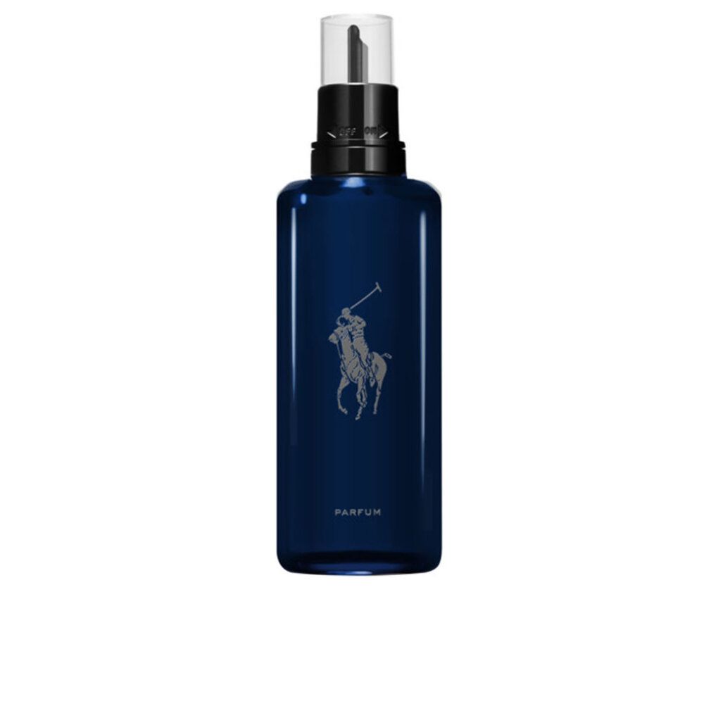 Blaues Parfumflakon mit schwarzem Verschluss und Sprühkopf. Logo eines Polospielers. Aufschrift: Parfum.