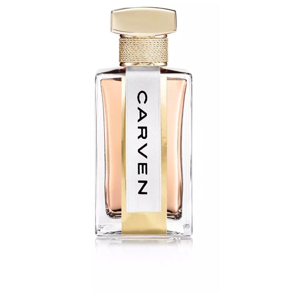 Carven Paris Bangalore Eau de Parfum Flakon. Goldener Verschluss, weißes Etikett mit schwarzer Schrift.