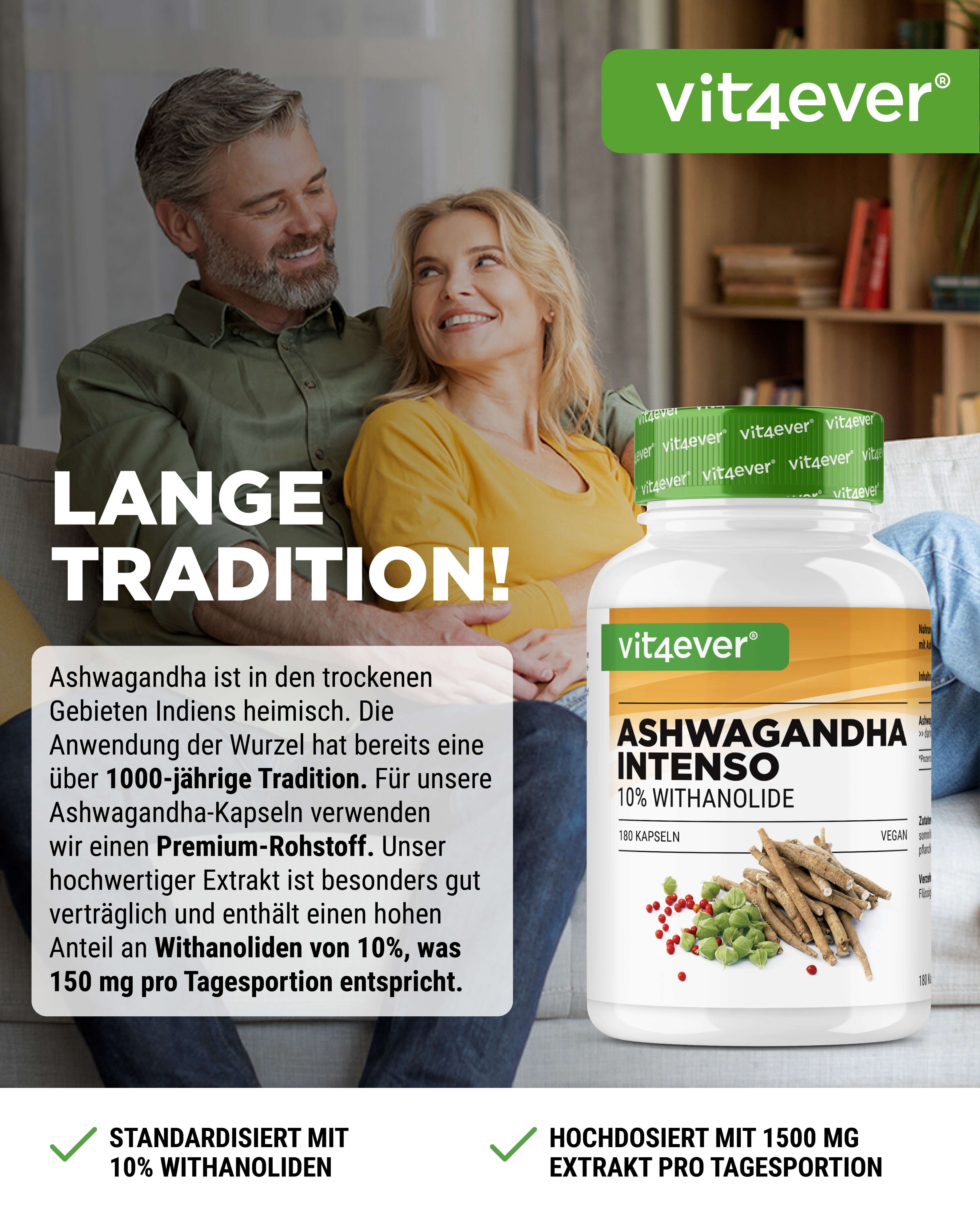 Werbung mit Flasche Ashwagandha Intenso. Paar im Hintergrund. Text: Lange Tradition! Standardisiert mit 10% Withanoliden. Hochdosiert mit 1500 mg Extrakt.