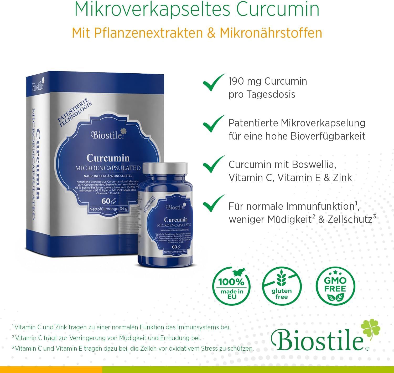 Biostile Curcumin Kapseln, 60 Stück, mit patentierter Mikroverkapselung und Pflanzenextrakten.