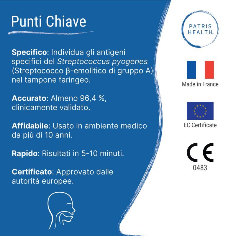 Punti chiave del test Strep A Patris Health®. Certificato, affidabile, rapido. Marchio CE, Made in France.