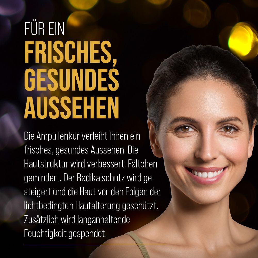 Text: Für ein frisches, gesundes Aussehen. Die Ampullenkur verleiht ein frisches, gesundes Aussehen. Hautstruktur verbessert, Falten gemindert.