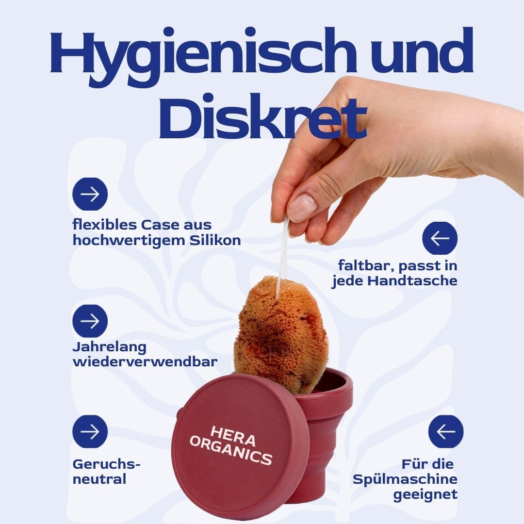 Bordeauxfarbenes, faltbares Case mit Deckel. Case mit Schwamm. Text: Hygienisch und diskret. Eigenschaften.