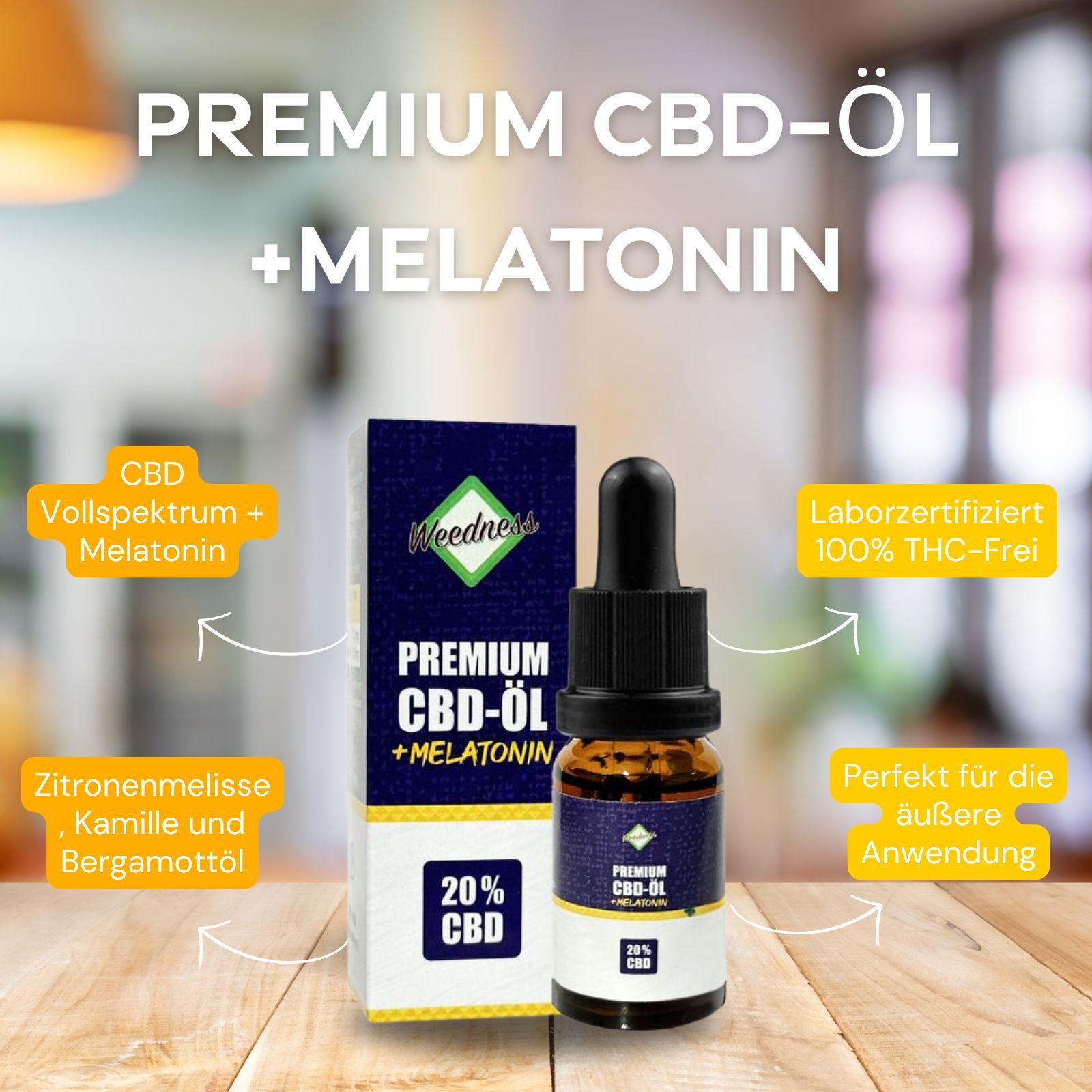Braune Glasflasche mit Tropfer und Verpackung. Aufschrift: PREMIUM CBD-ÖL + MELATONIN, 20% CBD. Laborzertifiziert, 100% THC-frei.