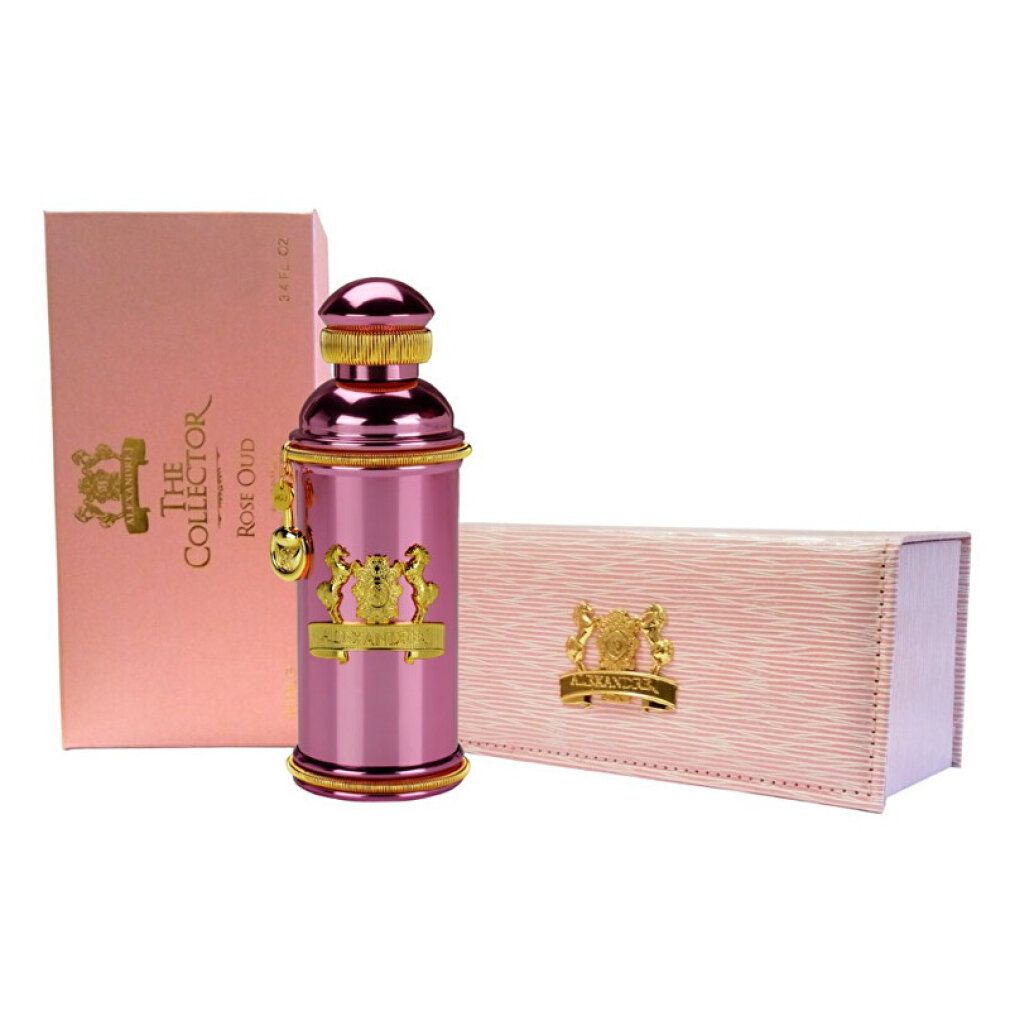 Rosa Flakon mit goldfarbenen Details, in rosa Verpackung. Aufschrift: The Collector Rose Oud.