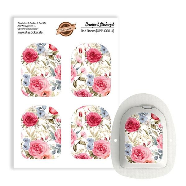 Aufkleber-Set mit Rosenmuster. Vier Aufkleber mit floralem Design und ein Omnipod-Gerät mit angebrachtem Aufkleber.