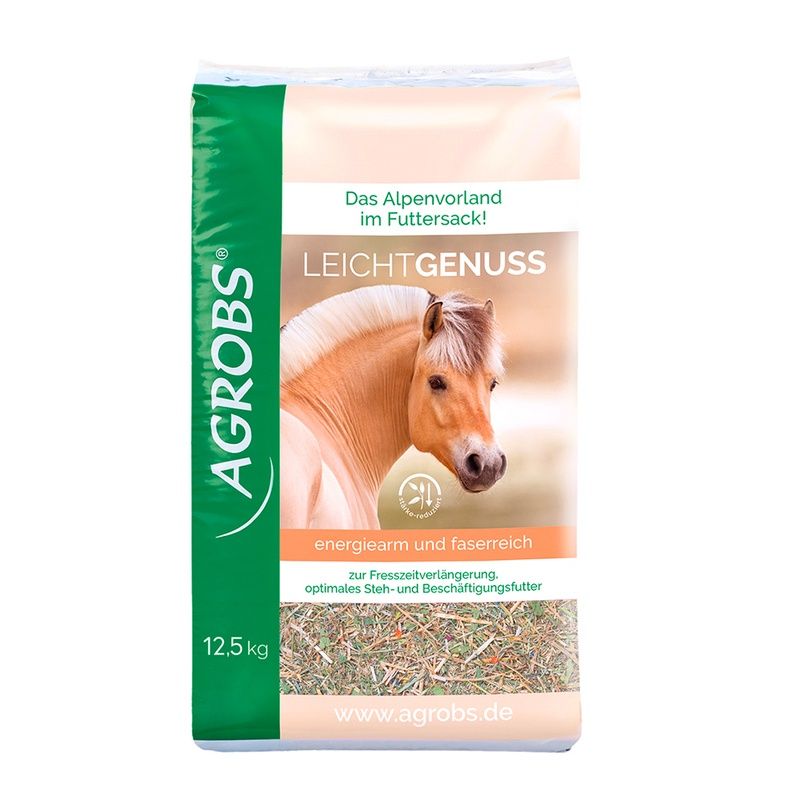 Verpackung von Agrobs LeichtGenuss. Aufdruck: Pferd, Schriftzug, 12,5 kg, energiearm und faserreich. Website-Adresse.
