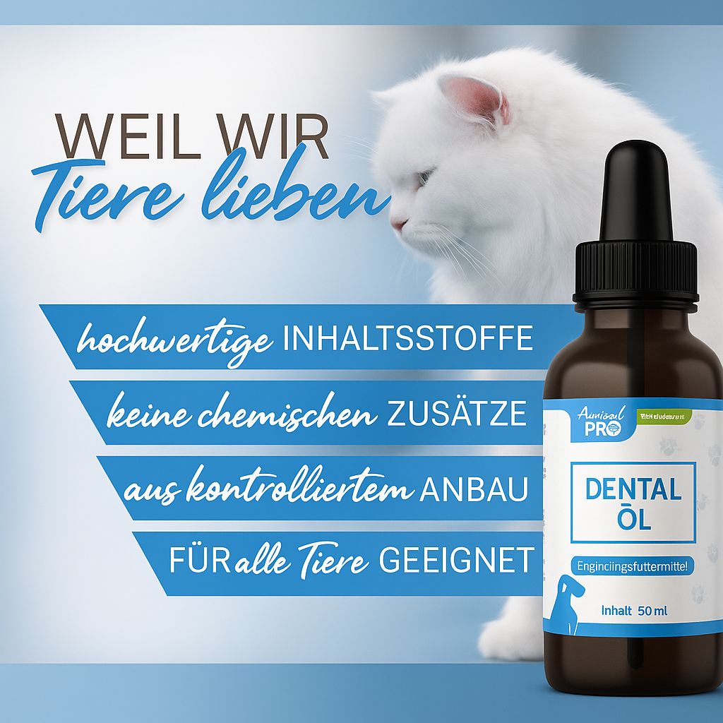 Braune Flasche mit Tropfer neben einer Katze. Auf der Flasche steht "Animal Pro" und "Dental Öl". Text: "Weil wir Tiere lieben".