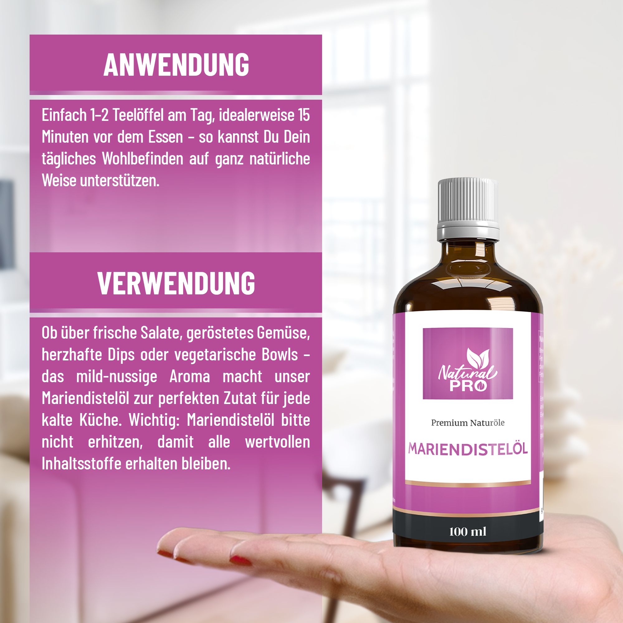 Hand hält braune Glasflasche mit weißem Deckel. Etikett mit Logo und Schriftzug Mariendistelöl. 100 ml. Text: Anwendung und Verwendung.