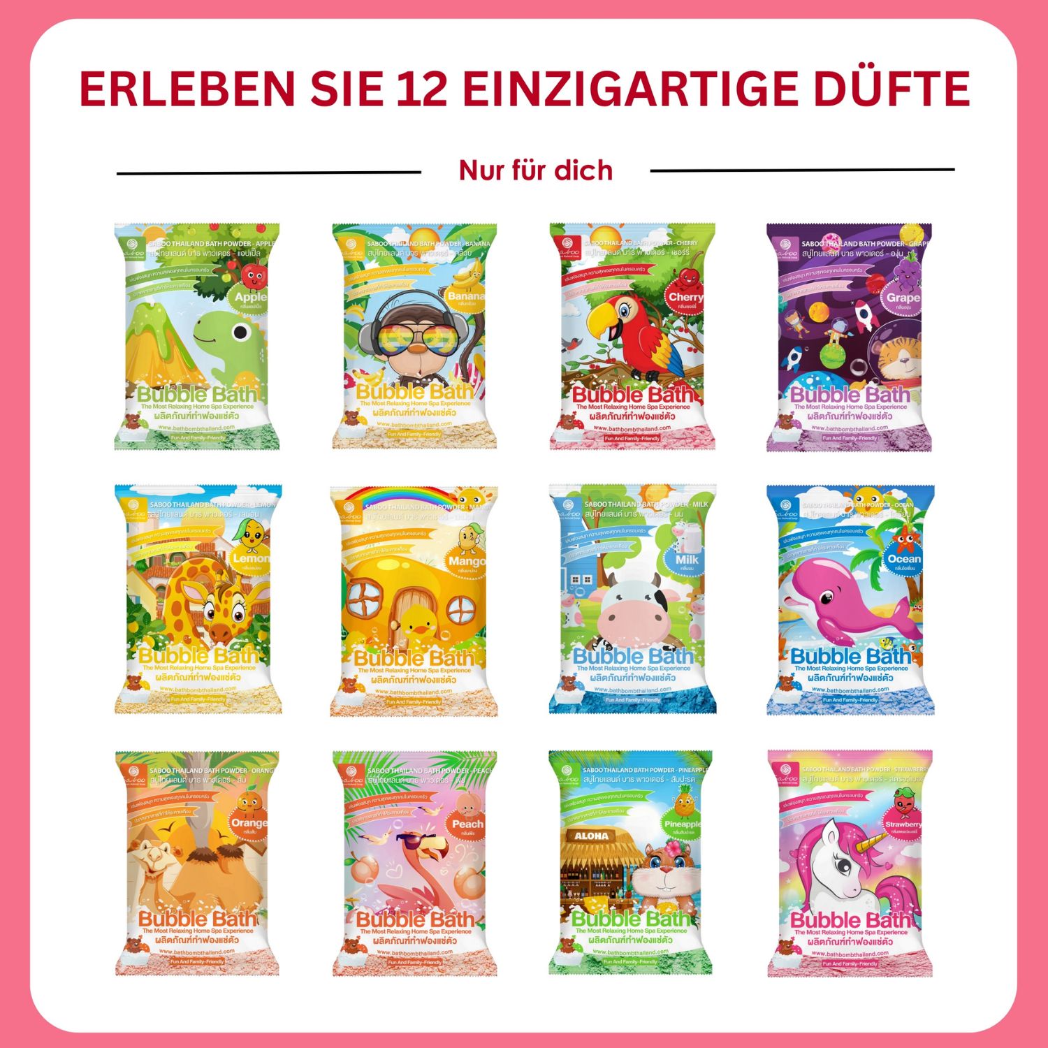 Grafik mit 12 verschiedenen Badeschaumpulver-Verpackungen. Verschiedene Designs und Illustrationen.