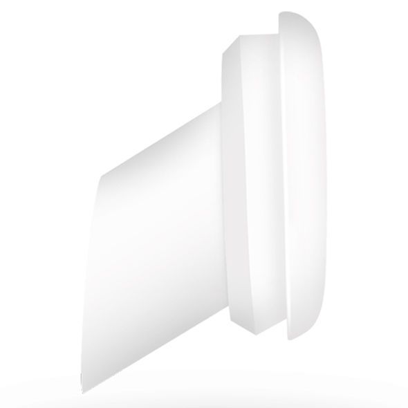 Weißes Produkt mit einer flachen, runden Basis und einem schrägen, rechteckigen Teil. Die Form ist kantig.